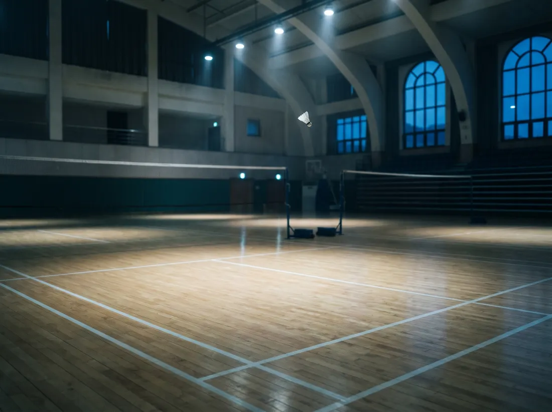 Badmintonová hala s dřevěnou podlahou